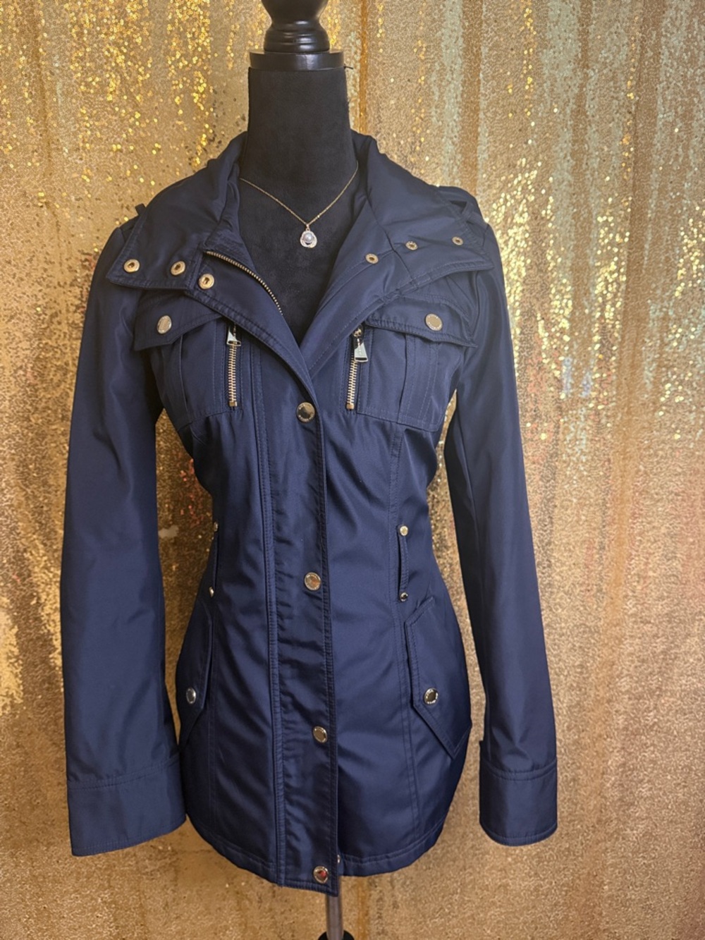 Michael Kors Hooded Water resistant Navy Utility Jacket with Gold-Tone Hardware